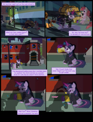 Size: 1042x1358 | Tagged: safe, artist:dendoctor, imported from derpibooru, mean twilight sparkle, twilight sparkle, alicorn, earth pony, pony, comic:clone.., alternate universe, bits, cider, clone, clothes, comic, female, glowing, glowing horn, hey arnold, horn, injured, magic, rain, streetlight, telekinesis, trash can, twilight sparkle (alicorn)