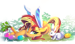 Size: 1354x800 | Tagged: safe, artist:sketchiix3, imported from derpibooru, sunset shimmer, pony, rabbit, unicorn, equestria girls, animal, bunny ears, carrot, cute, easter, easter egg, female, food, holiday, hoof hold, lying down, mare, on side, shimmerbetes, solo