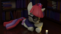 Size: 3840x2160 | Tagged: safe, artist:the luna fan, derpibooru exclusive, imported from derpibooru, moondancer, pony, unicorn, 3d, blender, blender cycles, book, bookshelf, candle, clothes, glasses, looking down, night, solo, sweater, twilight sparkle's cutie mark