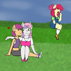 Size: 2048x2048 | Tagged: safe, artist:mintymelody, imported from derpibooru, apple bloom, scootaloo, sweetie belle, anthro, cutie mark crusaders, disgusted, female, floating heart, heart, lesbian, looking at each other, looking at someone, open mouth, scootabelle, shipping, sitting on lap, tongue out