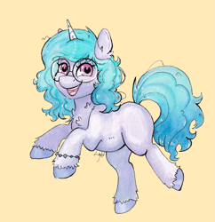 Size: 3213x3317 | Tagged: safe, artist:lightisanasshole, imported from derpibooru, izzy moonbow, pony, unicorn, bracelet, female, g5, glasses, high res, jewelry, looking at you, mare, open mouth, open smile, orange background, signature, simple background, smiling, smiling at you, solo, traditional art, watercolor painting