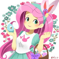 Size: 1277x1277 | Tagged: safe, artist:efuji_d, imported from derpibooru, fluttershy, human, equestria girls, basket, blushing, bunny ears, cute, easter, easter basket, easter egg, female, flower, holiday, implied applejack, implied rainbow dash, implied rarity, looking at you, shyabetes, smiling, smiling at you, solo