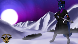 Size: 7680x4320 | Tagged: safe, artist:tsaritsaluna, imported from derpibooru, princess luna, alicorn, anthro, armband, bipedal, boots, clothes, female, gloves, hat, looking at you, mare, moon, mountain, ppsh-41, russia, scarf, shoes, snow, solo, standing, tree, uniform, ushanka