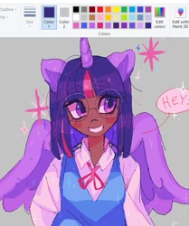 Size: 519x622 | Tagged: safe, artist:mercysstrap, imported from derpibooru, twilight sparkle, alicorn, human, 2022, blackwashing, blush sticker, blushing, clothes, dark skin, eared humanization, eyebrows, eyebrows visible through hair, glasses, gray background, horn, horned humanization, humanized, ms paint, round glasses, shirt, simple background, smiling, solo, twilight sparkle (alicorn), vest, winged humanization, wings