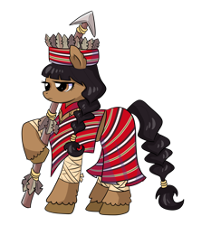 Size: 3723x4000 | Tagged: safe, artist:windywendy29, derpibooru exclusive, imported from derpibooru, oc, oc only, oc:ligaya, earth pony, pony, bandage, clothes, feather, female, filipino, hat, mare, midriff, philippines, poncho, raised hoof, simple background, skirt, solo, spear, transparent background, unshorn fetlocks, weapon