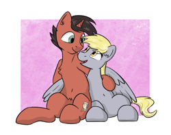 Size: 2012x1586 | Tagged: safe, artist:single purpose, imported from derpibooru, derpy hooves, oc, pony, unicorn, belly, belly button, canon x oc, cuddling, female, hug, looking at each other, looking at someone, male, mare, shipping, simple background, sitting, stallion, sternocleidomastoid, winghug, wings