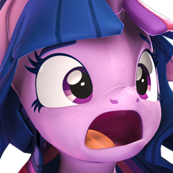 Size: 1400x1400 | Tagged: safe, artist:imafutureguitarhero, imported from derpibooru, sci-twi, twilight sparkle, pony, unicorn, 3d, 3d model, bust, colored eyebrows, colored eyelashes, cute, d:, emote, eyes open, faic, female, freckles, gasp, gasping, horn, mare, multicolored hair, multicolored mane, open mouth, portrait, reaction image, revamped ponies, shocked, shocked expression, simple background, solo, transparent background, twiabetes, twitch