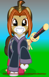 Size: 660x1032 | Tagged: safe, artist:samurai echidna, artist:samurai equine, imported from derpibooru, oc, oc only, oc:samurai equine, pony, unicorn, boots, clothes, happy, japanese, katana, looking at you, male, shoes, simple background, smiling, stallion, sword, vector, weapon