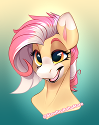 Size: 1348x1703 | Tagged: safe, artist:strwbrybobamare, imported from derpibooru, oc, oc only, oc:strawberry boba, pegasus, pony, bust, cute, digital art, female, gradient background, happy, icon, mare, ocbetes, open mouth, open smile, pegasus oc, signature, smiling, solo, sternocleidomastoid, stylized