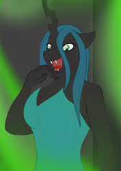 Size: 595x842 | Tagged: safe, artist:afhybrid, imported from derpibooru, queen chrysalis, anthro, changeling, changeling queen, clothes, dress, evil laugh, female, laughing, noblewoman's laugh, open mouth, solo