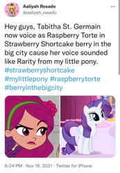 Size: 742x1072 | Tagged: safe, artist:aaliyah_rosado, imported from derpibooru, screencap, rarity, human, pony, unicorn, engrish, exploitable meme, g4, meme, raspberry torte, same voice actor, strawberry shortcake, strawberry shortcake berry in the big city, tabitha st. germain, voice actor, voice actor joke