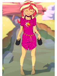 Size: 1200x1600 | Tagged: safe, artist:rockset, imported from ponybooru, sunset shimmer, equestria girls, barefoot, feet, smiling, solo