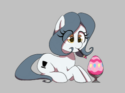 Size: 344x257 | Tagged: safe, artist:thebatfang, oc, oc only, oc:hattsy, earth pony, pony, aggie.io, easter, easter egg, egg, female, holiday, implied pinkie pie, lying down, mare, mouth hold, paintbrush, painting, simple background, smiling