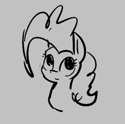 Size: 481x478 | Tagged: safe, artist:firecracker, pinkie pie, earth pony, pony, aggie.io, female, looking up, mare, monochrome, simple background, smiling