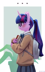 Size: 1283x2048 | Tagged: safe, artist:mrscroup, imported from derpibooru, twilight sparkle, anthro, unicorn, adorkable, backpack, blushing, book, clothes, cute, dork, female, glasses, meganekko, nerd, pince-nez, ponytail, round glasses, side view, skirt, solo, twiabetes