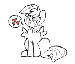 Size: 1461x1258 | Tagged: safe, artist:kittyrosie, imported from derpibooru, rainbow dash, pegasus, pony, angry, blushing, cross-popping veins, cute, doodle, madorable, monochrome, pictogram, simple background, sketch, solo, speech bubble, tongue out, white background