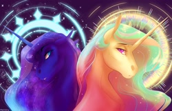 Size: 4096x2633 | Tagged: safe, artist:finchina, imported from derpibooru, princess celestia, princess luna, alicorn, pony, bust, duo, ears back, female, hoers, mare, moon, portrait, royal sisters, siblings, signature, sisters, stars, sun