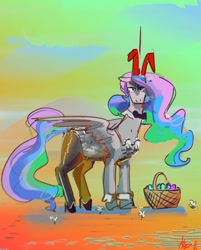 Size: 2464x3059 | Tagged: safe, artist:alumx, imported from derpibooru, princess celestia, alicorn, pony, abstract background, basket, bowtie, bunny ears, bunny suit, bunnylestia, celestia is not amused, clothes, cuffs (clothes), easter, easter basket, easter egg, female, high heels, holiday, looking at you, mare, shoes, solo, unamused