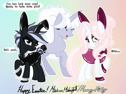 Size: 2360x1757 | Tagged: safe, artist:mistress midnight, artist:mommymidday, imported from derpibooru, oc, oc only, oc:mistress, oc:mommy midday, oc:sew shiny, pony, unicorn, blushing, bowtie, bunny ears, bunny suit, clothes, cufflinks, cuffs, cuffs (clothes), dialogue, easter, eyeliner, eyeshadow, female, fetish, fetish fuel, happy easter, holiday, latex, latex suit, makeup, raised hoof, rubber, rubber suit, shiny, show accurate, signature, trio, trio female