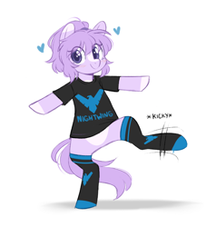 Size: 770x810 | Tagged: safe, artist:higgly-chan, imported from derpibooru, oc, oc only, oc:mio, earth pony, pony, bipedal, clothes, cute, dc comics, dick grayson, female, heart, hoofy-kicks, mare, markings, nightwing, shirt, simple background, socks, solo, t-shirt, white background