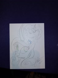 Size: 3120x4160 | Tagged: safe, artist:andypriceart, imported from derpibooru, queen chrysalis, oc, changeling, changeling queen, pony, unicorn, daydream, female, mirror universe, monochrome, reversalis, traditional art