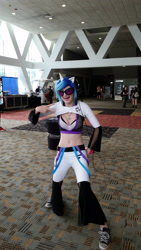 Size: 1837x3265 | Tagged: safe, artist:owl-eye-2010, imported from derpibooru, dj pon-3, vinyl scratch, human, bronycon, bronycon 2016, belly button, clothes, converse, cosplay, costume, irl, irl human, photo, shoes