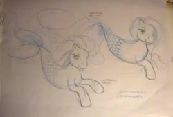 Size: 540x365 | Tagged: safe, artist:steve beaumont, imported from derpibooru, merpony, pony, sea pony, concept art, duo, female, g3, lidded eyes, low quality, mare, paper, sketch, sketch dump, traditional art, what could have been