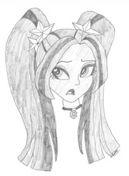 Size: 1148x1564 | Tagged: safe, artist:owl-eye-2010, imported from derpibooru, aria blaze, human, equestria girls, 2015, bust, female, frown, gem, monochrome, open mouth, pencil drawing, signature, siren gem, solo, traditional art