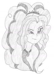 Size: 1198x1645 | Tagged: safe, artist:owl-eye-2010, imported from derpibooru, adagio dazzle, human, equestria girls, 2015, bust, female, gem, monochrome, pencil drawing, signature, siren gem, smiling, smirk, solo, traditional art