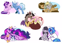 Size: 2048x1423 | Tagged: safe, artist:lrusu, imported from derpibooru, derpy hooves, discord, dj pon-3, doctor whooves, fluttershy, octavia melody, rarity, starlight glimmer, time turner, trixie, twilight sparkle, vinyl scratch, alicorn, earth pony, pegasus, pony, unicorn, the last problem, blush sticker, blushing, crown, discoshy, doctorderpy, female, flower, heart, jewelry, laughing, lesbian, lying down, male, older, older twilight, princess twilight 2.0, rarilight, regalia, rose, scratchtavia, shipping, simple background, sitting, smiling, startrix, straight, twilight sparkle (alicorn), white background, wing blanket, wings