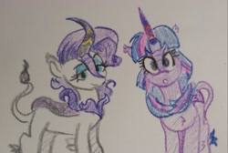 Size: 2048x1378 | Tagged: safe, artist:pony quarantine, imported from derpibooru, rarity, twilight sparkle, kirin, crayon drawing, duo, kirin-ified, looking at you, species swap, traditional art