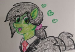 Size: 2048x1421 | Tagged: safe, artist:pony quarantine, imported from derpibooru, oc, oc:anon-mare, earth pony, pony, clothes, crayon drawing, female, floating heart, heart, looking at you, mare, necktie, open mouth, open smile, smiling, smiling at you, solo, suit, traditional art