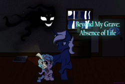 Size: 2233x1506 | Tagged: safe, artist:lullabyjak, imported from derpibooru, cozy glow, princess luna, alicorn, ghost, pegasus, undead, abandoned, broken glass, commission, cover art, female, flashlight (object), grin, shadow, smiling, wavy mouth