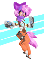 Size: 4000x5500 | Tagged: safe, artist:flutterthrash, imported from derpibooru, oc, oc only, oc:lillybit, adorkable, bow, cute, dork, gun, overwatch, ribbon, tracer, visor, weapon