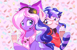 Size: 2634x1738 | Tagged: safe, artist:smilesfps, imported from derpibooru, oc, oc:cinnabyte, oc:lillybit, adorkable, bow, cinnabetes, clothes, commission, cute, dork, food, headphones, headset, ice cream, ribbon, shakes, smiling, socks, striped socks