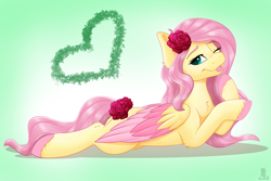 Size: 3000x2000 | Tagged: safe, artist:monsoonvisionz, imported from derpibooru, fluttershy, pegasus, pony, ;p, colored wings, colored wingtips, cute, daaaaaaaaaaaw, female, flower, flower in hair, freckles, freckleshy, high res, looking at you, lying down, mare, multicolored wings, one eye closed, prone, rose, shyabetes, solo, tongue out, unshorn fetlocks, wings, wink, winking at you