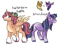 Size: 1024x789 | Tagged: safe, artist:moonstruck-badger, imported from derpibooru, applejack, twilight sparkle, oc, oc:ambrosia apple, oc:stardust, alicorn, earth pony, pony, alicorn oc, appaloosa, bow, brother and sister, coat markings, earth pony oc, eye clipping through hair, eyebrows, eyebrows visible through hair, female, frown, hair bow, horn, lesbian, magical lesbian spawn, male, mare, offspring, one eye closed, parent:applejack, parent:twilight sparkle, parents:twijack, shipping, siblings, simple background, smiling, socks (coat markings), stallion, twijack, twilight sparkle (alicorn), unshorn fetlocks, white background, wings