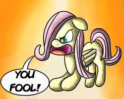 Size: 1280x1024 | Tagged: safe, artist:saburodaimando, imported from derpibooru, fluttershy, pegasus, pony, angry, female, floppy ears, frown, gilbert gottfried, hair over one eye, hollywood squares, in memoriam, mare, open mouth, rest in peace, solo, tribute, yelling, you fool