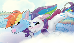 Size: 1280x752 | Tagged: safe, artist:bushkit, imported from derpibooru, rainbow dash, rarity, pegasus, pony, unicorn, blushing, cheek feathers, clothes, colored wings, eyes closed, female, flying, hug, leonine tail, lesbian, mare, multicolored wings, obtrusive watermark, rainbow wings, raridash, riding, scarf, shipping, spread wings, tail, watermark, wings