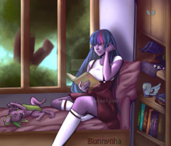 Size: 1024x875 | Tagged: safe, artist:bunnynha, imported from derpibooru, spike, twilight sparkle, dog, human, equestria girls, bed, book, bookshelf, deviantart watermark, humanized, obtrusive watermark, spike the dog, stocking feet, tree, watermark, window