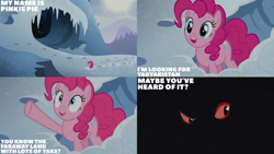 Size: 1280x720 | Tagged: safe, edit, edited screencap, editor:quoterific, imported from derpibooru, screencap, pinkie pie, earth pony, pony, party pooped, season 5, female, mare, open mouth, open smile, smiling, snow, text