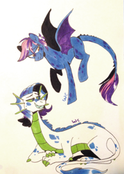 Size: 1983x2773 | Tagged: safe, artist:waackery-adoptables, imported from derpibooru, oc, oc only, dracony, hybrid, duo, flying, half-siblings, interspecies offspring, lying down, magical lesbian spawn, offspring, parent:princess ember, parent:rarity, parent:spike, parents:emberity, parents:sparity, traditional art