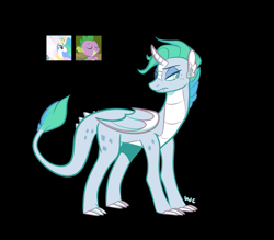 Size: 1643x1442 | Tagged: safe, artist:waackery-adoptables, imported from derpibooru, princess celestia, spike, oc, alicorn, dracony, dragon, hybrid, pony, black background, horn, interspecies offspring, offspring, parent:princess celestia, parent:spike, parents:spikelestia, simple background, solo