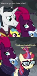 Size: 1080x2237 | Tagged: safe, edit, edited screencap, editor:decokenite, imported from derpibooru, screencap, chancellor neighsay, fizzlepop berrytwist, lemon hearts, moondancer, pokey pierce, tempest shadow, pony, the ending of the end, asking, broken horn, caption, close-up, clothes, cropped, dating, female, glasses, horn, i ship it, just kiss already, looking at someone, male, mare, meme, ponies standing next to each other, ponytail, question, scar, shipping, stallion, straight, sweater, tempest neighsay, text