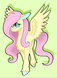 Size: 639x863 | Tagged: safe, artist:artsysimurgh, imported from derpibooru, fluttershy, pegasus, pony, chest fluff, female, green background, mare, shy, simple background, solo, spread wings, unshorn fetlocks, wings