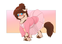 Size: 4960x3508 | Tagged: safe, artist:cinnamon-tinna-twist, imported from derpibooru, oc, oc only, oc:kie dough, earth pony, pony, abstract background, absurd resolution, blushing, breasts, chestbreasts, cleavage, clothes, crossdressing, cute, dress, earth pony oc, leonine tail, male, ocbetes, quadrupedal chest boobs, solo, tail, transparent background, unshorn fetlocks