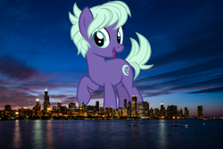 Size: 4000x2670 | Tagged: safe, artist:cheezedoodle96, artist:thegiantponyfan, edit, imported from derpibooru, night view, earth pony, pony, chicago, female, friendship student, giant pony, giant/macro earth pony, giantess, high res, highrise ponies, illinois, irl, looking at you, macro, mare, mega giant, open mouth, photo, ponies in real life, raised hoof, smiling, solo