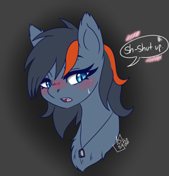 Size: 1342x1400 | Tagged: safe, artist:drawing-assassin-art, imported from derpibooru, oc, oc only, oc:night tracer, bat pony, pony, bat pony oc, blushing, bust, chest fluff, dialogue, dog tags, ear fluff, fangs, female, gray background, mare, simple background, solo, sweat, sweatdrop