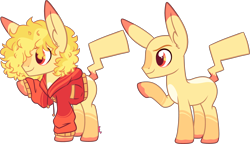 Size: 4050x2325 | Tagged: safe, artist:kurosawakuro, imported from derpibooru, hybrid, pikachu, pony, clothes, hoodie, pokémon, simple background, solo, transparent background