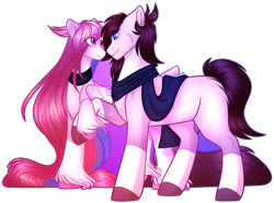 Size: 2143x1591 | Tagged: safe, artist:purplegrim40, imported from derpibooru, oc, oc only, earth pony, pegasus, pony, clothes, duo, earth pony oc, female, male, mare, oc x oc, pegasus oc, scarf, shipping, simple background, stallion, transparent background, unshorn fetlocks, wings